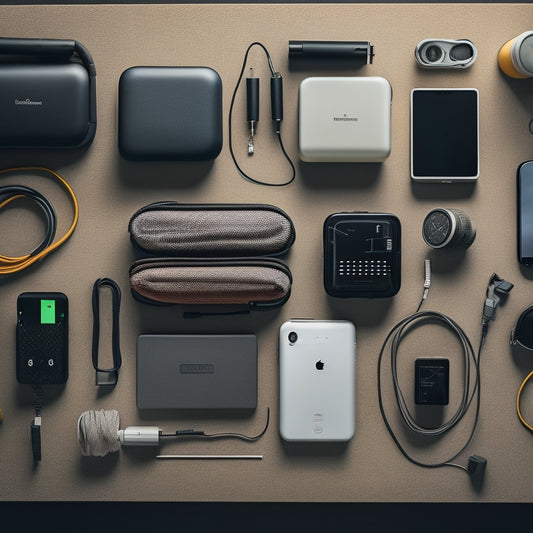 A clutter-free, minimalist background with multiple portable battery packs of varying sizes and shapes, surrounded by tangled cords and devices, with a few devices plugged in and charging.