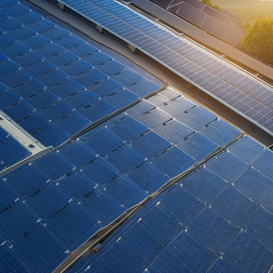 An angled rooftop with multiple rows of sleek, black solar panels, each secured by silver clamps and rails, casting a slight shadow on the roof's weathered shingles.