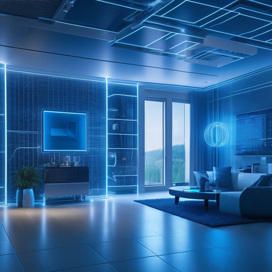 A futuristic smart home interior with glowing blue circuits, sleek devices, and wires converging on a central hub, surrounded by a subtle grid of binary code and soft, pulsing lights.