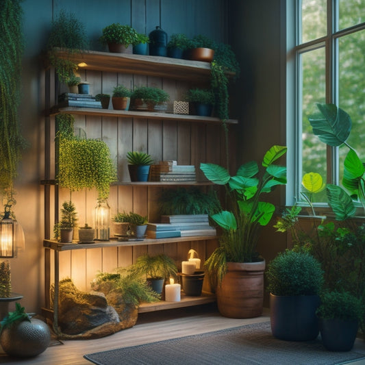 A serene, modern room with cubby shelving made from reclaimed wood, adorned with lush green plants, and illuminated by soft, warm light from solar-powered lanterns.