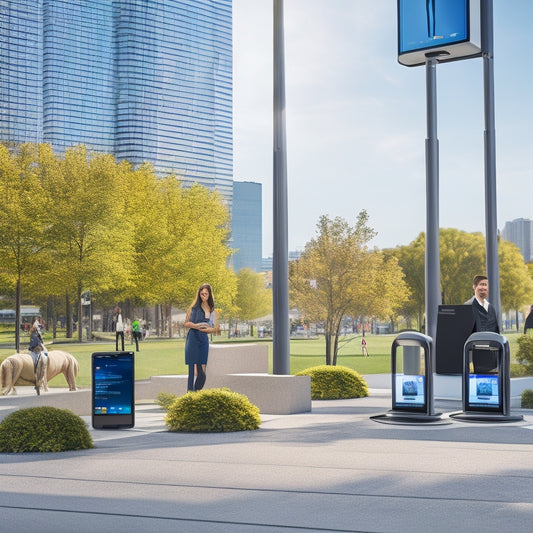 A sleek, stylish charging station surrounded by various modern devices—smartphones, tablets, and smartwatches—set against a vibrant urban backdrop, showcasing a bustling lifestyle with people in motion and a hint of greenery.