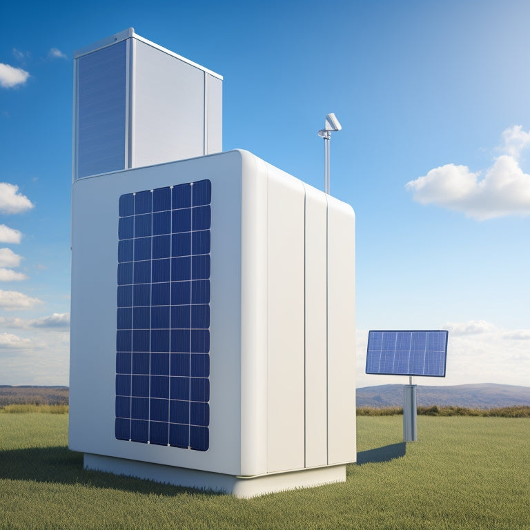 A futuristic, sleek, and modern illustration of a solar battery storage system, showcasing a roof-mounted solar panel array connected to a compact, wall-mounted battery unit with a digital display.