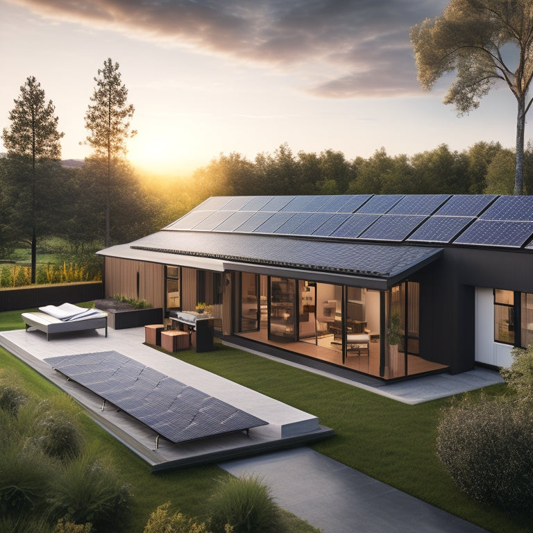 A photorealistic image of a modern home's backyard with a sleek, black solar panel array on the roof, connected to a bank of shiny, silver batteries and inverters on a concrete pad.