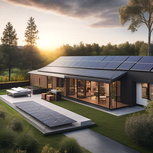 A photorealistic image of a modern home's backyard with a sleek, black solar panel array on the roof, connected to a bank of shiny, silver batteries and inverters on a concrete pad.