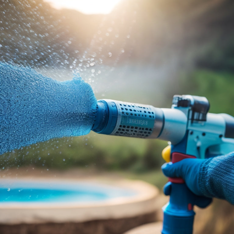 A close-up of a person's hands holding a watering gun, with a battery in the background, surrounded by scattered water droplets and a faint grid pattern of battery cells.