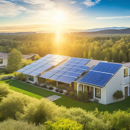 A vibrant, sunlit landscape showcasing high-efficiency solar panels glimmering on rooftops, surrounded by lush greenery and a clear blue sky, with energy-efficient homes in the background and rays of sunlight illuminating the scene.