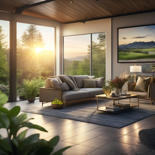 A serene, modern living room with solar panels on the roof, warm LED lights, and a floor lamp with a solar panel shade, surrounded by lush greenery and a sunset glow.
