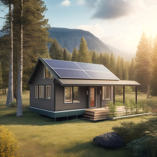 A serene, sun-drenched landscape with a small, modern cabin in the distance, surrounded by lush greenery, featuring a sleek solar panel array on the roof, connected to a compact lithium-ion battery pack.