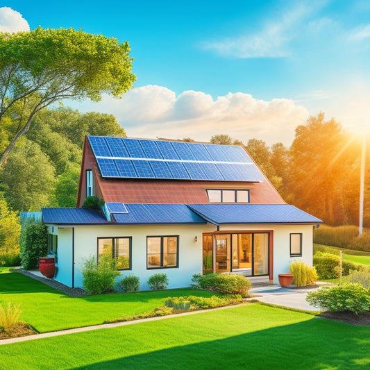 A serene suburban home with solar panels installed on the roof, surrounded by lush greenery and a bright blue sky with a few puffy white clouds, showcasing a modern and eco-friendly dwelling.