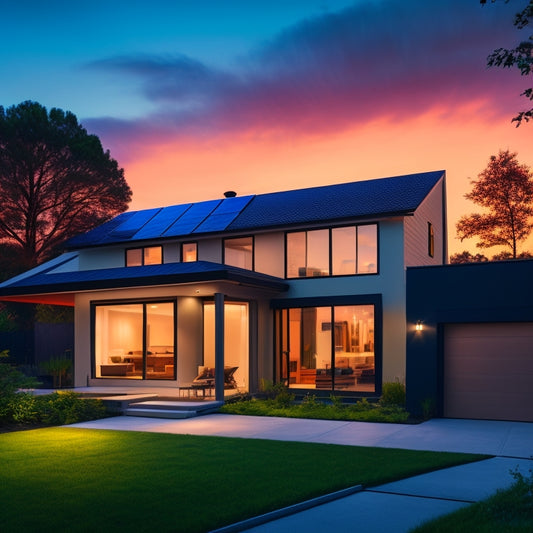 A modern home's exterior at dusk with solar panels on the roof, a sleek battery backup system installed on the side of the house, and a subtle glow emanating from the windows.