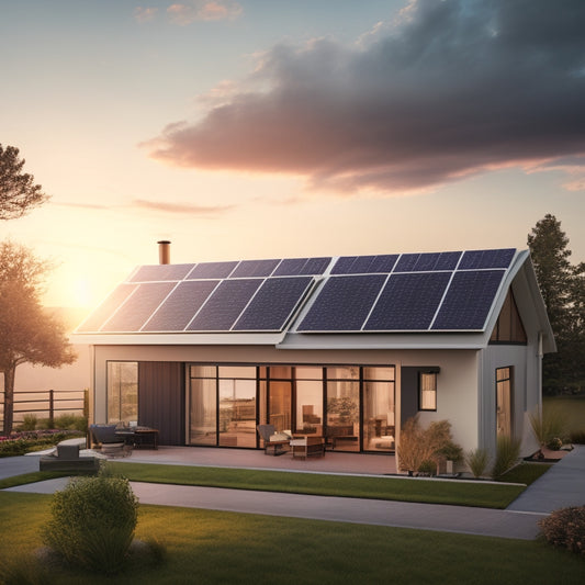An illustration of a modern home with solar panels on the roof, a grid tie inverter in the background, and a traditional power plant in the distance with smoke and pollution.
