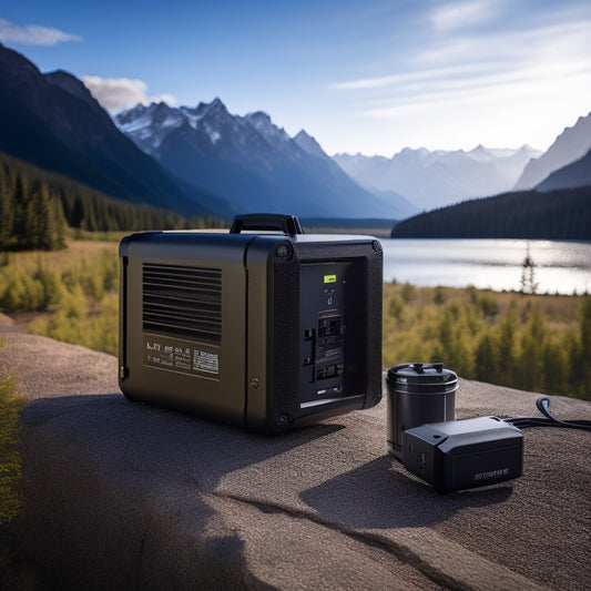 A portable power inverter system with a compact, rectangular inverter unit, connected to a deep cycle battery and a folding solar panel, set against a rugged outdoor background with mountains and trees.