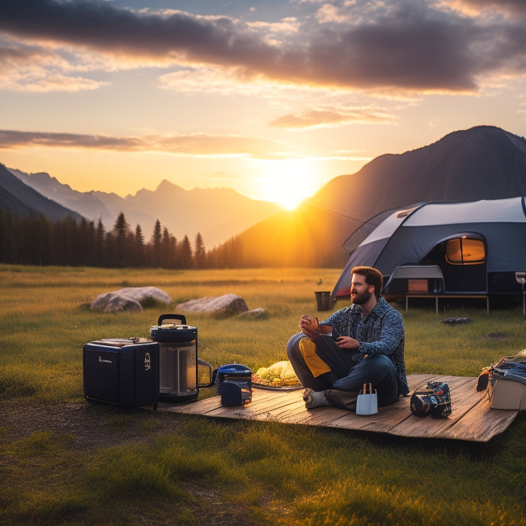 A scenic outdoor setting with a person camping, surrounded by a portable solar panel, power bank, and devices, lit by a warm sunset glow, with mountains and trees in the background.