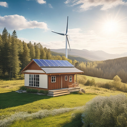 A serene, secluded cabin surrounded by lush greenery, with a wind turbine spinning in the distance, and a row of solar panels on the cabin's roof, under a bright blue sky with a few puffy white clouds.