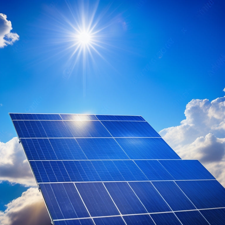 A futuristic, high-efficiency solar panel with sleek, silver frames and dark blue photovoltaic cells, set against a bright blue sky with fluffy white clouds, with sunbeams radiating from the top.