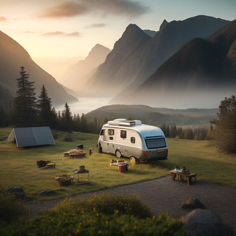 A serene campsite at dawn, with a camper van in the center, solar panels on the roof, and a portable power station with cables and batteries nearby, surrounded by lush greenery and misty mountains.