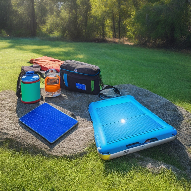 A vibrant outdoor scene featuring various sleek solar power banks, scattered on a picnic blanket, surrounded by lush greenery, a bright blue sky, and a hiker's backpack, capturing the essence of portable energy solutions.