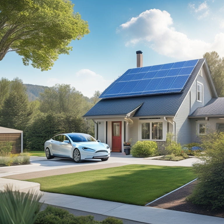 A serene suburban home with solar panels on the roof, a wind turbine in the backyard, and a Tesla charging station in the driveway, surrounded by lush greenery and a clear blue sky.