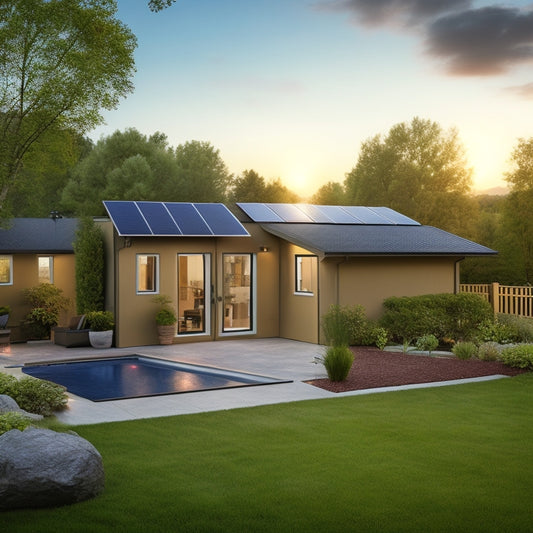 A serene backyard scene with a small, sleek solar panel array (4-6 panels) on a metal roof or ground mount, connected to a compact battery enclosure (1-2 feet in size) with copper wires.