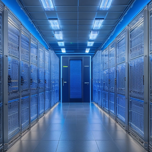 A sleek data center with rows of organized rack-mounted servers, illuminated by soft blue lighting, showcasing cables neatly managed, cooling units, and an array of blinking LED indicators, emphasizing efficiency and technology.