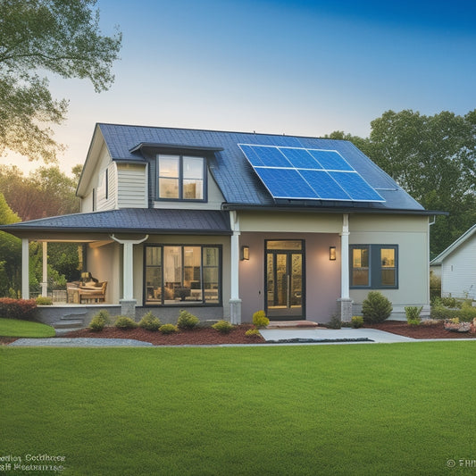 A serene suburban home with solar panels on the roof, a compact wind turbine in the backyard, and a sleek battery storage system visible through a large window.