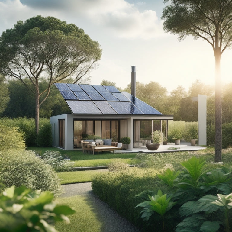 A serene, modern home surrounded by lush greenery, with solar panels on the roof, a wind turbine in the distance, and a small, thriving garden in the foreground.