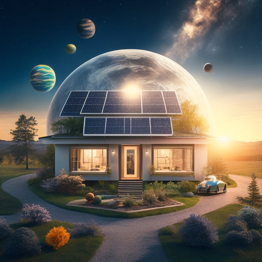 An illustration of a self-sustaining off-grid house surrounded by a stylized, glowing Solar System, with planets orbiting around the house, and solar panels on the roof.