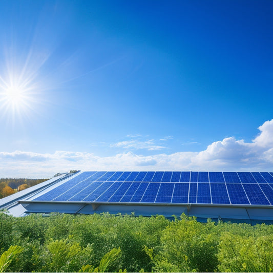 A bright blue sky with a few white, puffy clouds serves as the backdrop for a large, modern solar panel installation on a rooftop, with a few sprigs of greenery surrounding the panels.