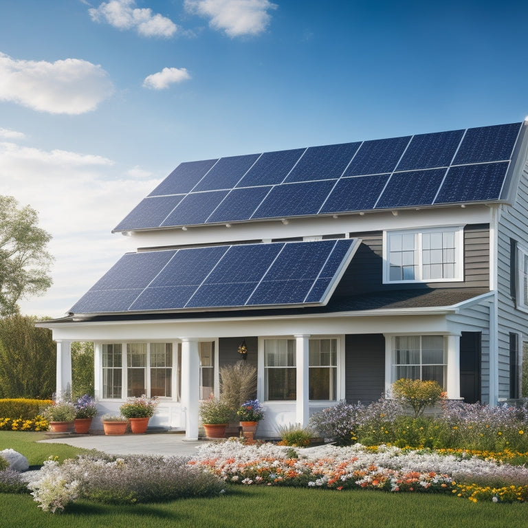 A serene suburban home with a sleek, black solar panel array on its rooftop, surrounded by blooming flowers and a bright blue sky with a few puffy white clouds.
