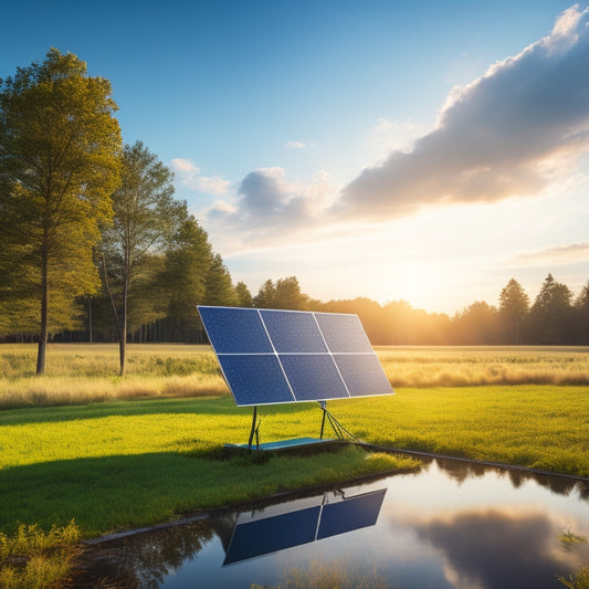 A futuristic, sleek solar panel system with reflective mirrors, surrounded by a lush green landscape, with a subtle gradient of blue hues in the background, symbolizing eco-friendliness and innovation.