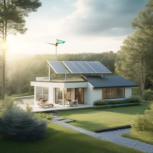 A serene, modern home with a sloping roof, surrounded by lush greenery, featuring a prominent solar panel array on the roof, with a subtle wind turbine in the distance.