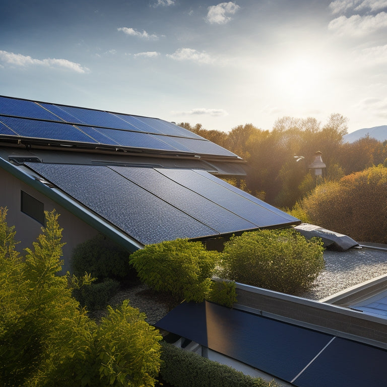 A sunny suburban rooftop with multiple sleek, black solar panels installed, angled towards the sky, with a few leaves scattered on the roof and a bright blue sky in the background.