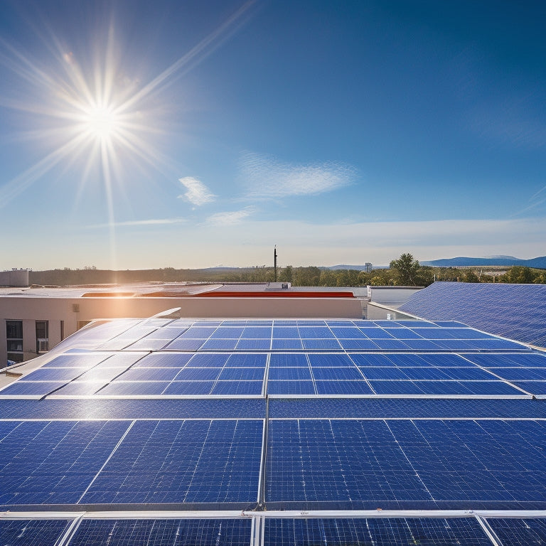 A vibrant rooftop covered in solar panels, each with sleek microinverters attached, surrounded by a bright blue sky and soft white clouds, showcasing sunlight streaming down, symbolizing optimized energy efficiency and innovation.