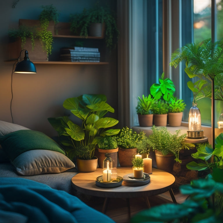 A cozy room illuminated by soft, warm LED lights, surrounded by green plants, with a glowing table lamp and a ceiling fixture. A bright window showcases sunlight filtering in, creating a serene atmosphere.