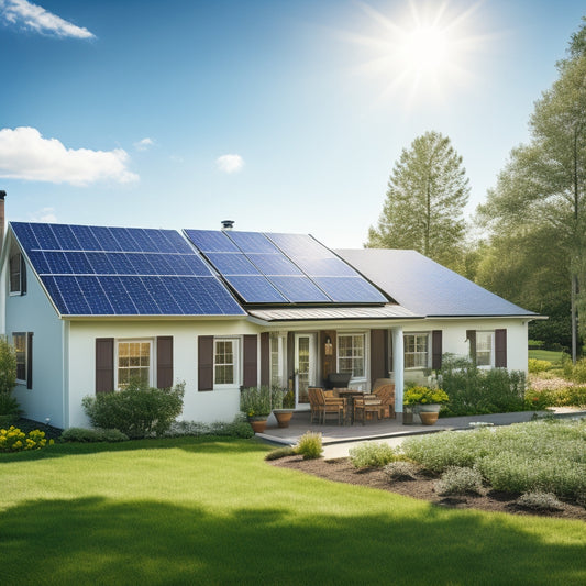 A serene suburban home with solar panels on the roof, a few panels slightly angled to show installation details, surrounded by lush greenery and a sunny blue sky with fluffy white clouds.
