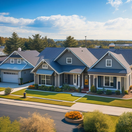A serene suburban neighborhood with multiple houses featuring sleek, black solar panels mounted on rooftops, angled towards a bright blue sky with fluffy white clouds.