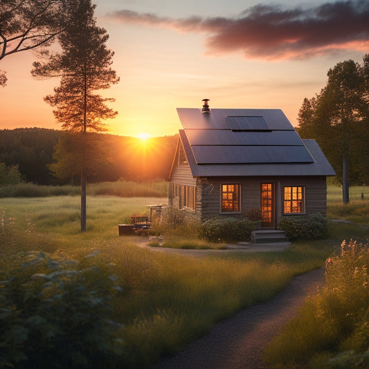 A serene off-grid cabin surrounded by lush greenery, with a small solar panel array on the roof, and a subtle hint of a wind turbine in the distant background, set against a warm sunset sky.