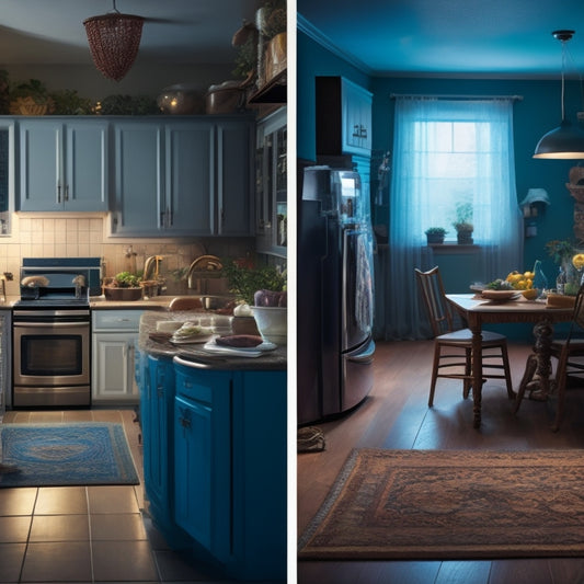 A split-screen image: a cluttered, dimly lit home with tangled cords and dusty appliances on one side, and a tidy, bright home with organized cords and sparkling clean appliances on the other.
