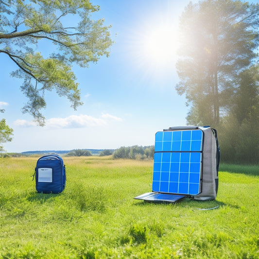 A serene outdoor scene with a portable solar panel propped against a backpack, surrounded by lush greenery and a few scattered camping gear, under a bright blue sky with a few wispy clouds.