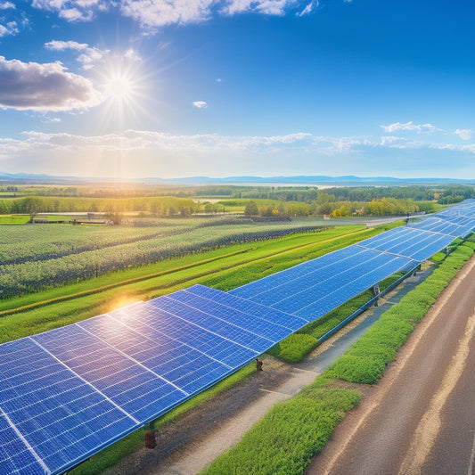 A vibrant landscape featuring solar panels on rooftops, fields, and along highways; diverse people using solar-powered devices; bright sun overhead casting reflections; lush greenery and blue skies, symbolizing clean energy and sustainability.