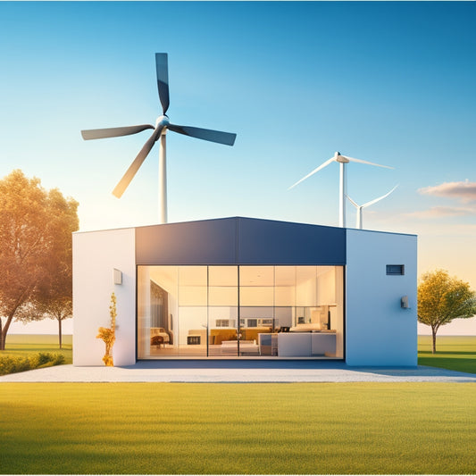 A minimalist illustration of a modern home with solar panels, wind turbines, and a smart thermostat, surrounded by sleek, interconnected circles and lines, conveying efficiency and simplicity.