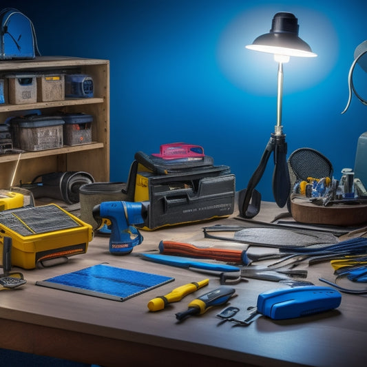 A clutter-free workshop background with a central solar battery unit surrounded by tools: multimeter, screwdrivers, pliers, wire strippers, and a small desk lamp, all neatly arranged and well-lit.