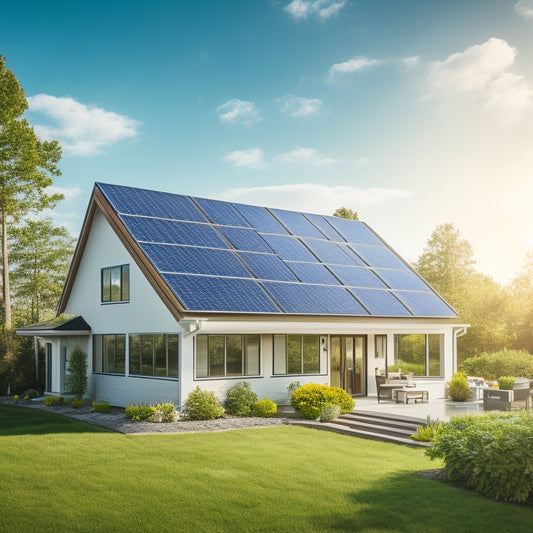 A serene suburban home with a sleek, modern solar panel array on the roof, surrounded by lush greenery, with a bright blue sky and a few puffy white clouds.