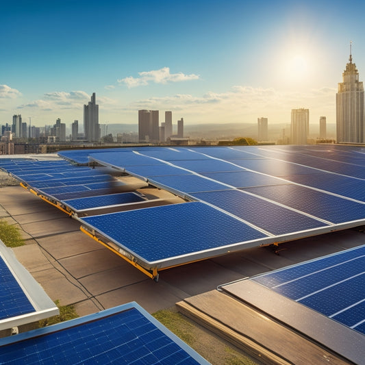A sunny rooftop with three solar panels angled at 30 degrees, surrounded by neatly arranged tools and a ladder, with a subtle hint of a cityscape in the background.