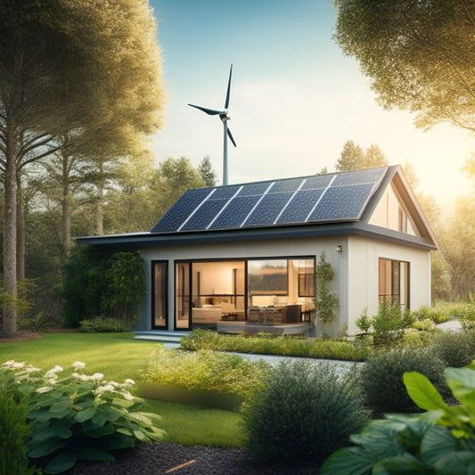 An illustration of a modern home surrounded by lush greenery, with solar panels on the roof, a wind turbine in the backyard, and a battery storage system visible through a window.