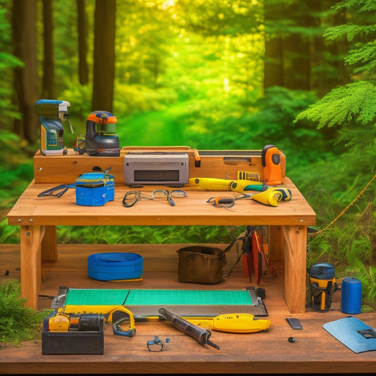A clutter-free wooden workbench with a partially assembled solar panel, scattered components (wires, batteries, inverters), and tools (wrench, pliers, screwdriver) against a blurred green forest background.