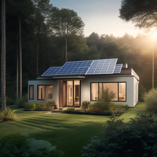 A serene, modern home with solar panels on the roof, surrounded by lush greenery, with a subtle glow emanating from the windows, and a faint outline of a battery storage system in the background.
