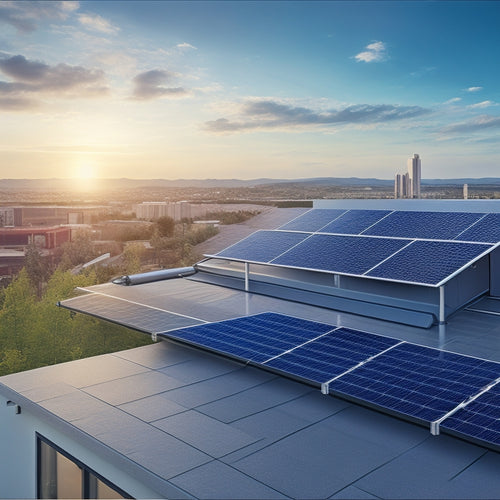 A photorealistic image depicting a modern rooftop with a solar power system kit installed, featuring 12 sleek black panels, a shiny silver inverter, and a sleek monitoring system display.