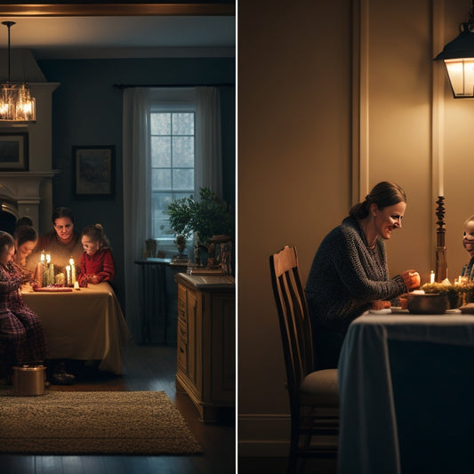 A split-screen image: a darkened home with candles and flashlights on the left, and a bright, well-lit home with a battery backup system and a calm family on the right.