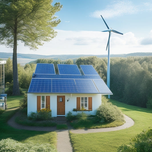 A serene small home surrounded by lush greenery, with solar panels on the roof, a small wind turbine, and a compact battery storage system, set against a bright blue sky with a few white clouds.
